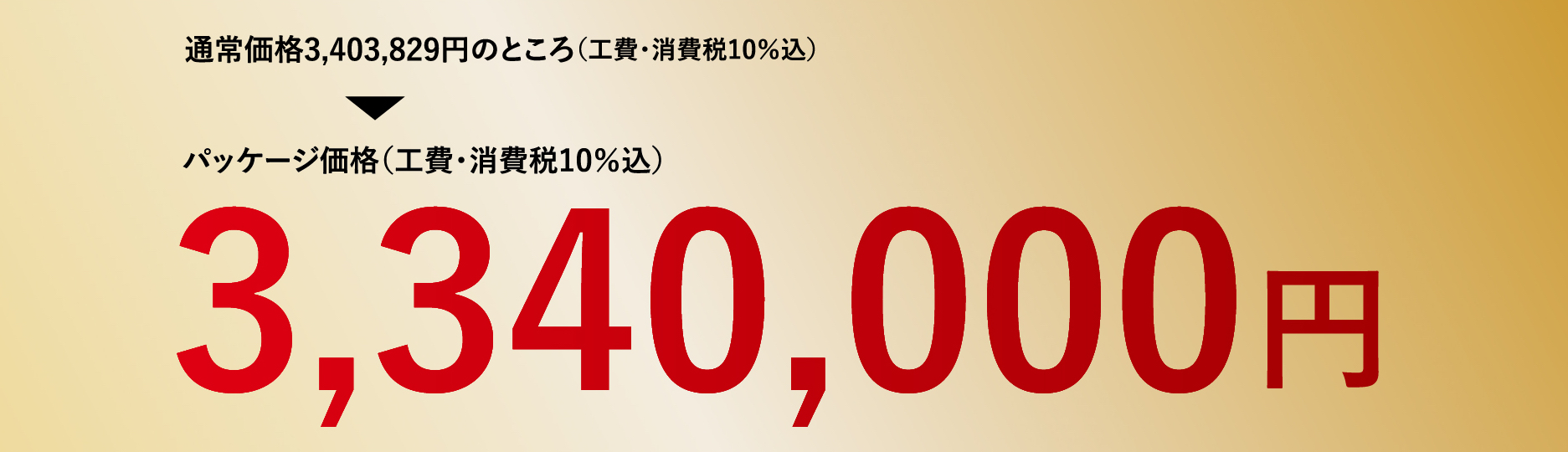 通常価格3,403,829円のところ（工費・消費税10％込）パッケージ価格（工費・消費税10％込）3,340,000円