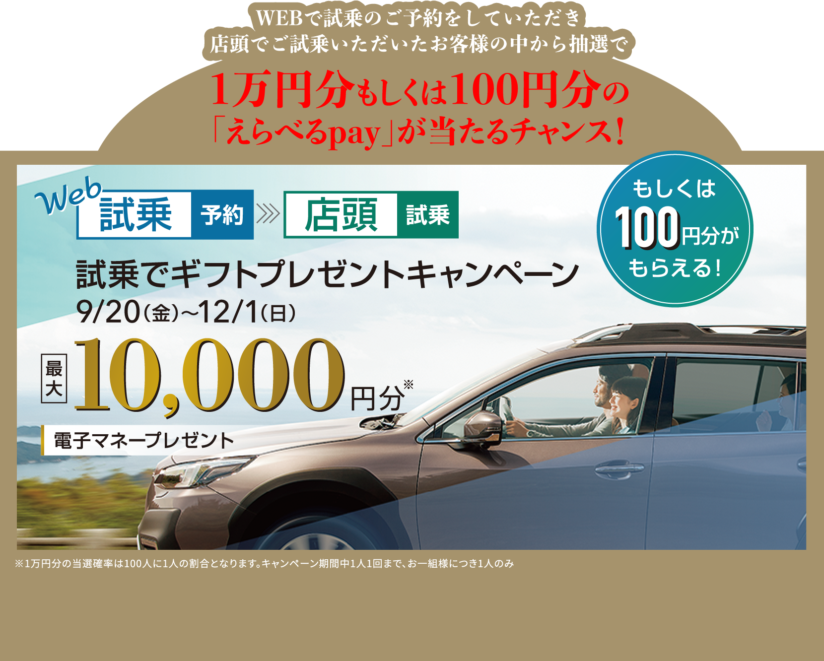 WEBで試乗のご予約をしていただき店頭でご試乗いただいたお客様の中から抽選で1万円分もしくは100円分の「えらべるpay」が当たるチャンス！