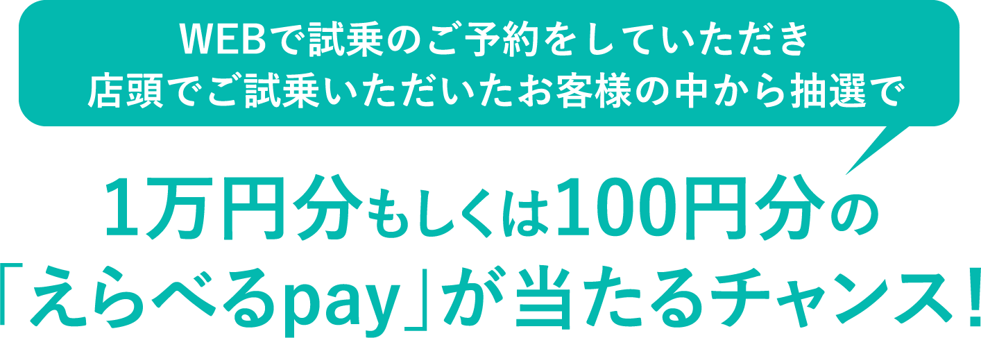 WEBで試乗のご予約をしていただき店頭でご試乗いただいたお客様の中から抽選で1万円分もしくは100円分の「えらべるpay」が当たるチャンス！