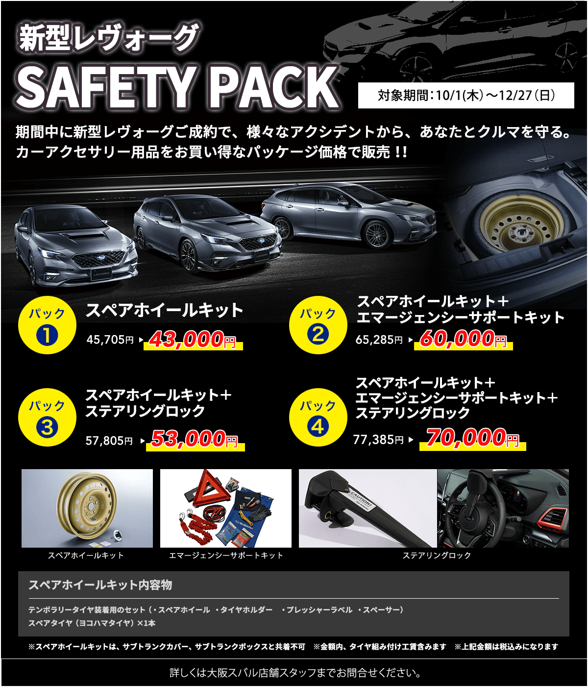 新型レヴォーグ SAFETY PACK 対象期間:10/1(木)~12/27(日)パック1 スペアホイールキット 45,705円→43,000円 パック2 スペアホイールキット+エマージェンシーサポートキット 65,285円→60,000円 パック3 スペアホイールキット+ステアリングロック 57,805円→53,000円 パック4 スペアホイールキット+エマージェンシーサポートキット+ステアリングロック 77,385円→70,000円 スペアホイールキット内容物 テンポラリータイヤ装着用のセット(・スペアホイール・タイヤホルダー・プレッシャーラベル・スペーサー)スペアタイヤ(ヨコハマタイヤ)×1本 ※スペアホイールキットは、サブトランクカバー、サブトランクボックスと共着不可 ※金額内、タイヤ組み付け工賃含みます ※上記金額は税込みになります 詳しくは大阪スバル店舗スタッフまでお問合せください。